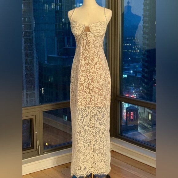 🆕 SELF-PORTRAIT 🧿 NWOT Crystal Trimmed White Fine Lace Maxi Dress, Sz US8 UK12 - Picture 4 of 16